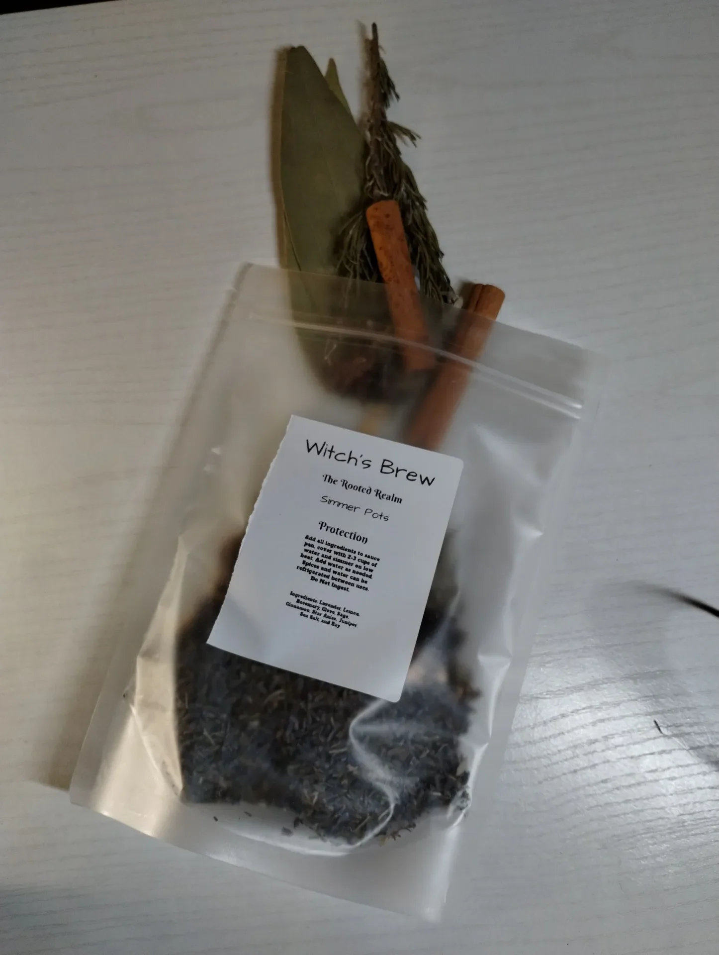 Protection simmer pot pouch with lavender, bay leaves, rosemary, and cinnamon